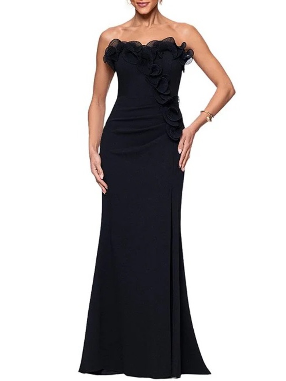 Xscape Strapless Black Evening Gown with Floral Ruffle Detail